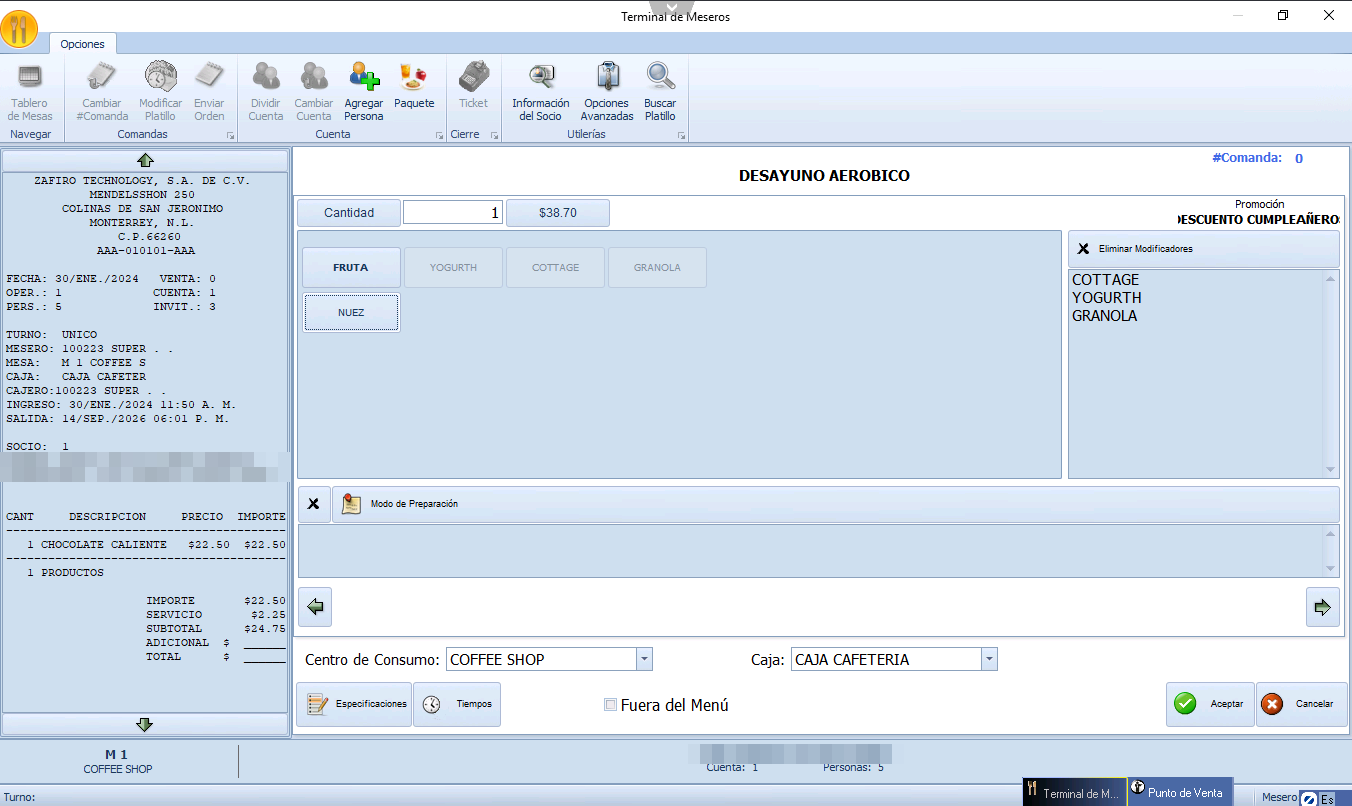 Terminal de Meseros de Zafirosoft ERP para clubes y deportivos